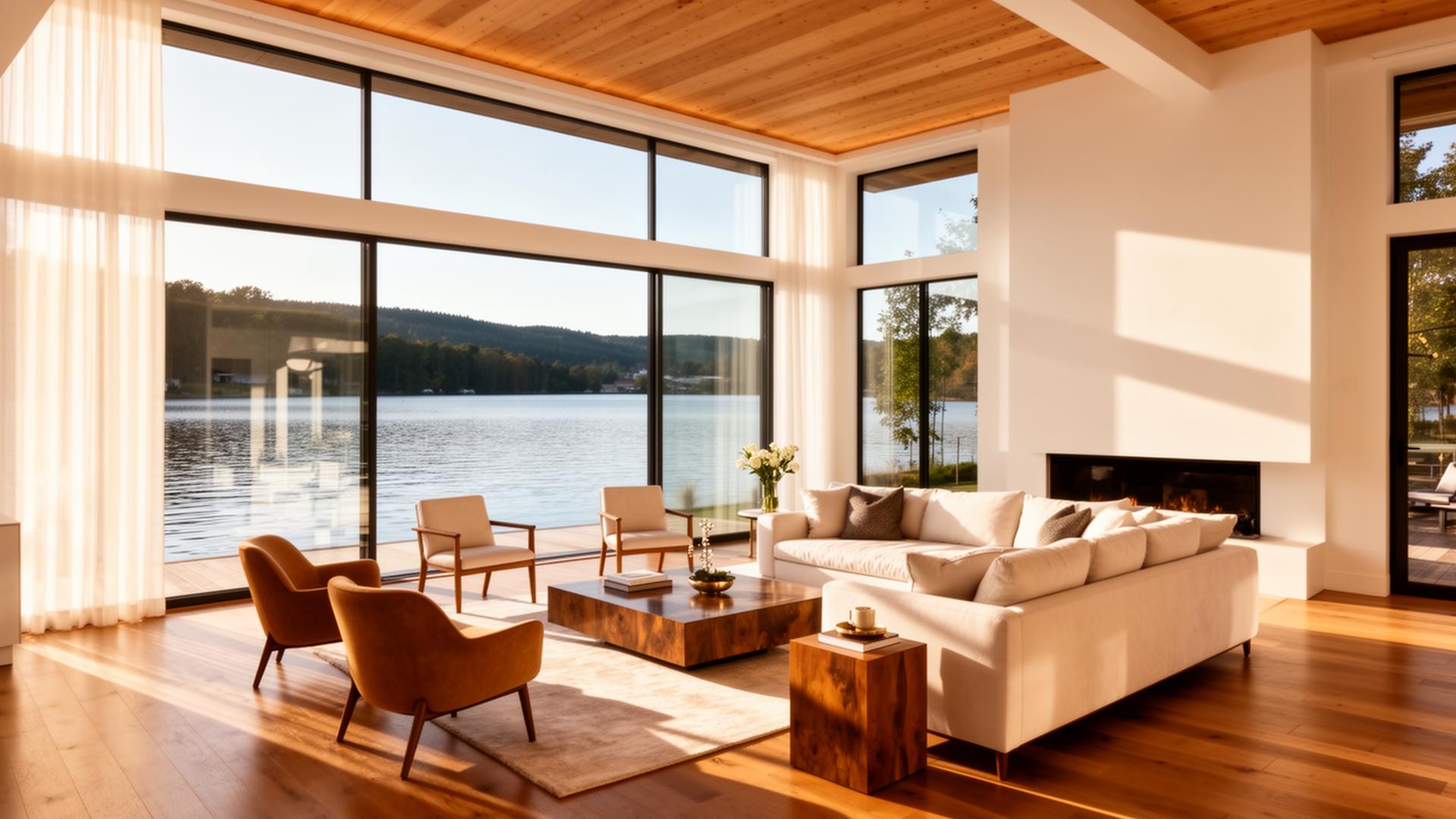 Luxury lake house living room with panoramic lake views
